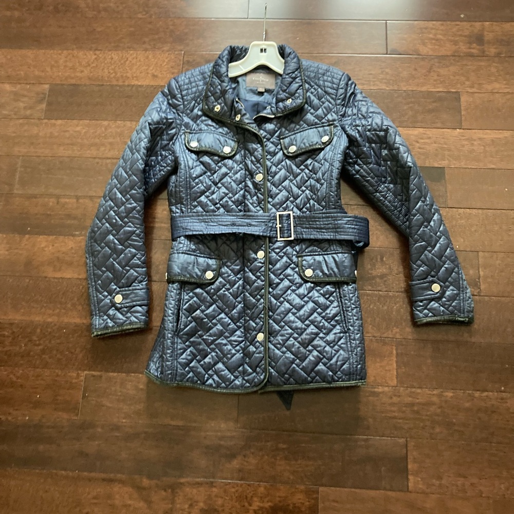 Quilted Navy Belted Jacket Cole haan small petite
